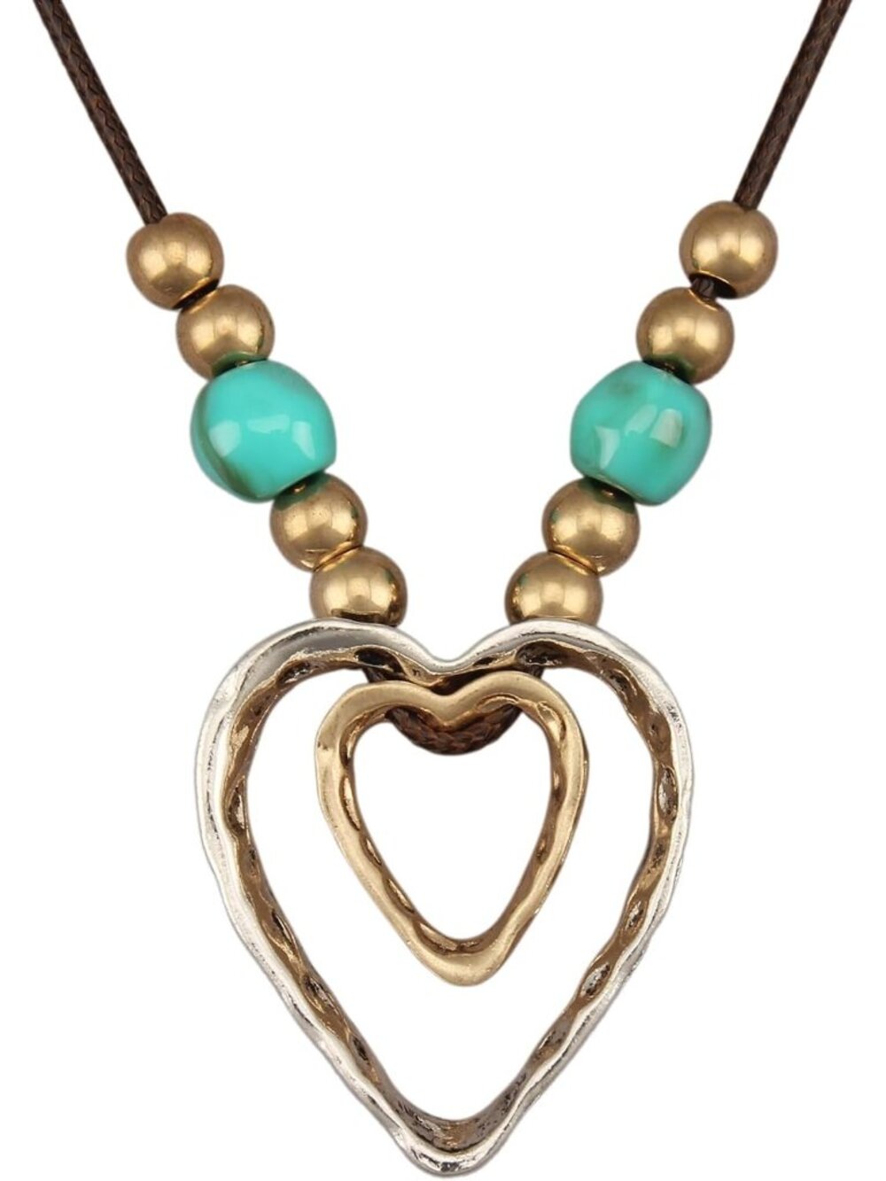 Women's Boho Heart Necklace Silver Gold Layered Pendant Turquoise Bead Cord
